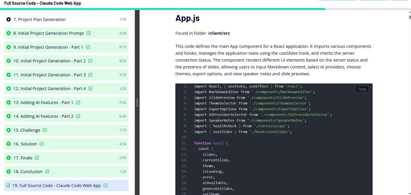 A course lesson showing full source code with explanation