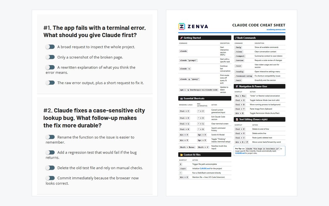 An in-course quiz alongside a printable Claude Code cheat sheet